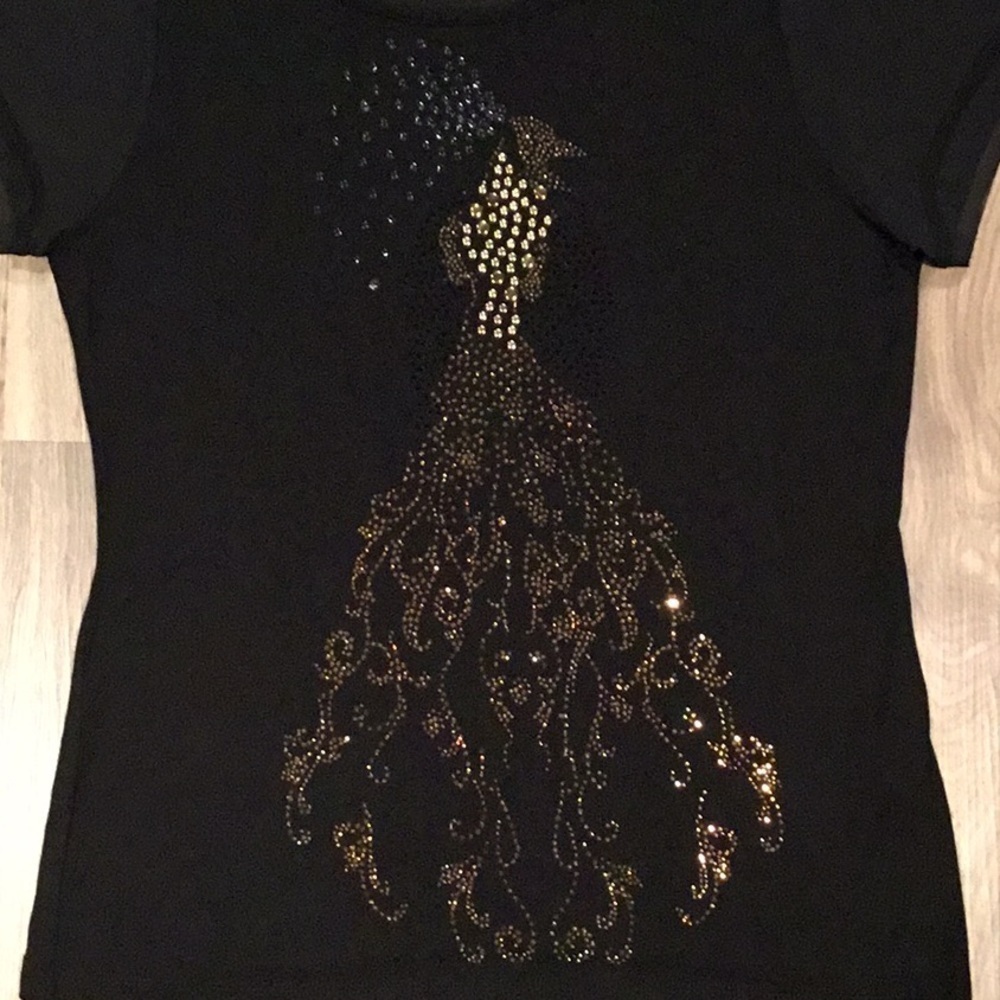 OLSEN Europe Black Crystal Peacock Embellished Blouse Sheer Sleeve M - Picture 9 of 16